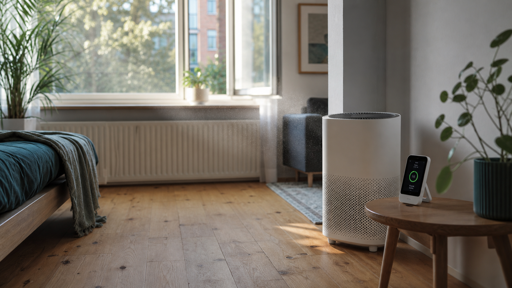 Luchtreiniger en luchtkwaliteitsmeter in een rustige slaapkamer
