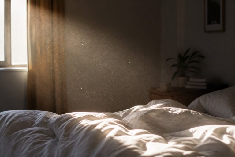 Ochtendzon door een slaapkamerraam met zichtbare stofdeeltjes boven een bed met wit beddengoed