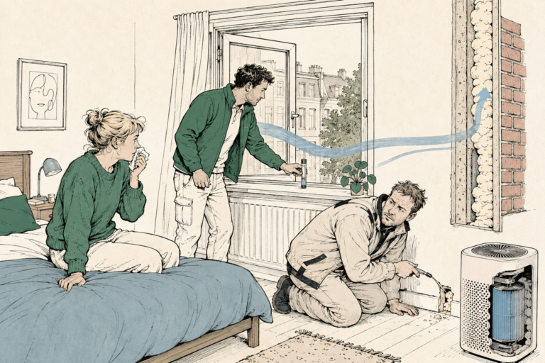 Bewoner kijkt toe terwijl een medewerker een meetbuisje op de vensterbank plaatst bij een met schuim gevulde spouwmuur